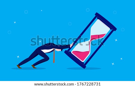 Stop time - Businessman pushing and overturning hourglass on blue background. Delay work assignment, deadline and project concept. Vector illustration.