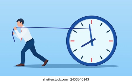 Stop time concept. Business metaphor. Businessman trying to slow down and stop time. Deadline. Time management. Vector illustration in flat style.