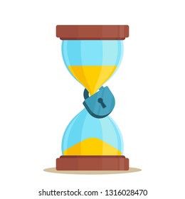 Stop time, concept. Hourglass with big lock. Business vector illustration, flat style, isolated on white background.
