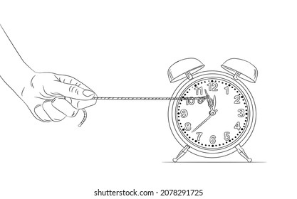 Parar el concepto de tiempo. Detener el tiempo en la ilustración vectorial. Tratando de parar un tiempo. El reloj se detiene a mano. Mano tirando de la cuerda para el reloj de parada. concepto de plazo de trabajo. tiempo de espera en el reloj por cuerda.