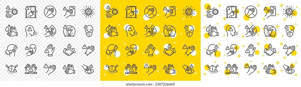 Stop touch face, eyes and medical mask. Touch warning line icons. Covid cough symptoms, wash and disinfect hands icons. Do not press lift buttons, protect face with medical mask. Vector