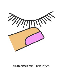 Stop touching eyelashes color icon. Lash extension and finger. Makeup. Eyelash extension after care. Closed woman eye. Isolated vector illustration