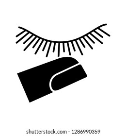 Stop Touching Eyelashes Glyph Icon. Silhouette Symbol. Lash Extension And Finger. Makeup. Eyelash Extension Aftercare. Closed Woman Eye. Negative Space. Vector Isolated Illustration