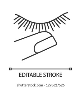 Stop Touching Eyelashes Linear Icon. Thin Line Illustration. Lash Extension And Finger. Eyelash Extension Aftercare. Closed Woman Eye. Contour Symbol. Vector Isolated Outline Drawing. Editable Stroke