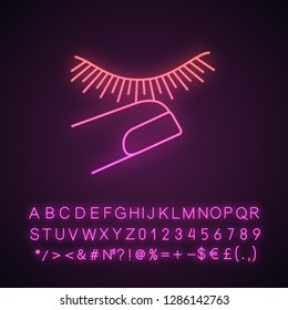 Stop Touching Eyelashes Neon Light Icon. Lash Extension And Finger. Makeup. Eyelash Extension Aftercare. Closed Woman Eye. Glowing Sign With Alphabet, Numbers And Symbols. Vector Isolated Illustration