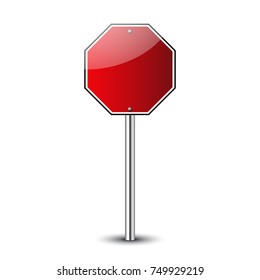 Stop traffic road sign blank. Prohibited red metal octagon road sign isolated on white background. Glossy stop roadsign. Guidepost pole. No transportation attention icon Vector illustration