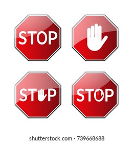 Stop traffic road signs. Prohibited red road signs isolated on white background. Glossy. No transportation attention icons. Street road danger warning icons. Symbol danger Vector illustration