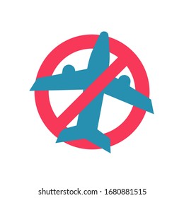 Stop travel. Forbidden sign Planes Don't Fly. Coronavirus covid-19. No Airplane black silhouette icon. Stop flight. Red prohibition. Flight cancellation. Vector flat design. Isolated white background.