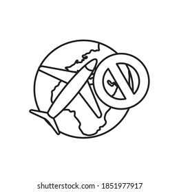 stop travel symbol, forbidden sign with planet and airplane over white background, line style, vector illustration