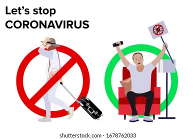 Stop traveling and stay home concept. Warning poster. Stop sign. Stop pandemic concept. Vector illustration.