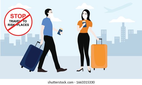 Stop travelling to risk places, people wearing face masks travelling aboard vector illustration. COVID-19 coronavius prevention design concept background