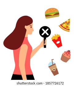 Stop Unhealthy Eating Habits Concept Vector Illustration On White Background. Woman Holding Prohibited Sign For Fast Food, Junk Food And High Calories Dessert.