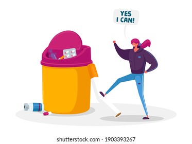 Stop Unhealthy Habit, Smoking Addiction Concept. Tiny Female Character Breaking Huge Cigarette. Woman Give Up Smoker Lifestyle, Nicotine And Tobacco Addict Social Problem. Cartoon Vector Illustration