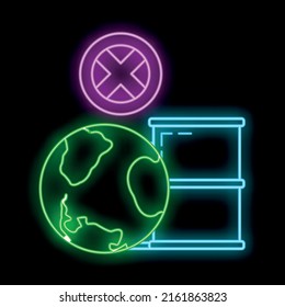 Stop use barrel oil industry, world oil pollution by petroleum concept icon, green eco earth glow neon flat vector illustration, isolated on white. Eco friendly alternative energy source.