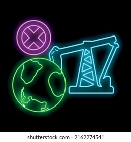Stop use barrel oil industry, world oil pollution by petroleum concept icon, green eco earth glow neon flat vector illustration, isolated on white. Eco friendly alternative energy source.