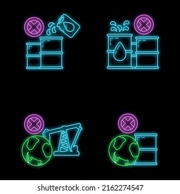 Stop use barrel oil industry, world oil pollution by petroleum concept icon, green eco earth glow neon flat vector illustration, isolated on white. Eco friendly alternative energy source.