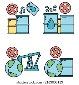 Stop use barrel oil industry, world oil pollution by petroleum concept icon, green eco earth cartoon flat vector illustration, isolated on black. Eco friendly alternative energy source.