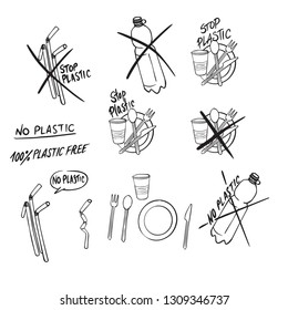 Stop use plastic compilation illustration in vector with different objects