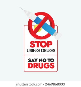 Stop using drugs, say no to drugs. 26th June World drug day label, sticker, banner with a banned sign on syringe. Say no to drugs.