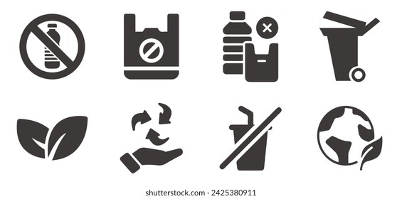 stop using plastic bags, bottles etc. silhouette vector icon isolated on white background. No use of plastic symbols.