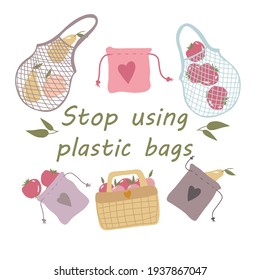 Stop using plastic bags. Bring your own eco bag, zero waste illustration. Eco-friendly items