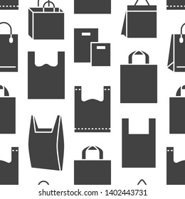 Stop using plastic bags seamless pattern with flat glyph icons. Polyethylene pollution awareness vector illustration for poster background. Signs of plastics shopping package.