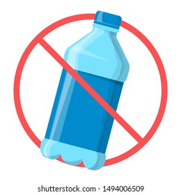 Stop using plastic bottle and replace with reusable container. Care for ecology concept, bottle behind red stop sign. Zero waste lifestyle. Isolated vector illustration in cartoon style