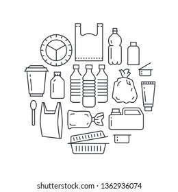 Stop using plastic circle template with flat line icons. Polyethylene pollution awareness vector illustration for poster. Thin signs of plastics waste, bag, package, canister, bottle, food container.