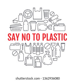 Stop using plastic circle template with flat line icons. Polyethylene pollution awareness vector illustration for poster. Thin signs of plastics waste, bag, package, canister, bottle, food container.