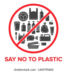 Stop using plastic circle template with flat glyph icons. Polyethylene pollution awareness vector illustration for poster. Signs of plastics waste, bag, package, canister, bottle, food container.