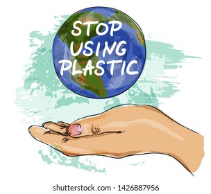 Stop using plastic concept with hand drawn lettering and human palm isolated. 