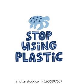 Stop using plastic hand drawn vector illustration. Sea and ocean contamination, environment pollution problem. Turtle silhouettes. Zero waste quote typography