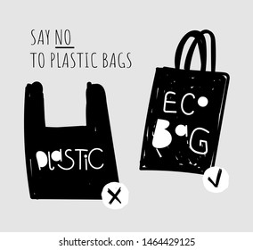 Stop using plastic. Motivational handwritten phrases. Hand drawn vector illustration. Say no to plastic bags. Protest against garbage, disposable polythene package. Pollution problem concept.