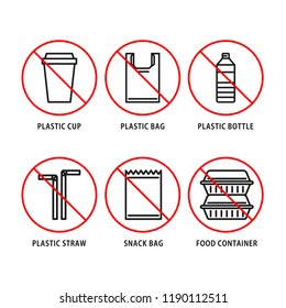 Stop using plastic products icons set. Save the earth and good environment concept. Flat simple design. Line Vector. Isolate on white background.