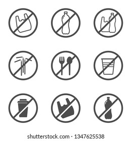 stop using plastic products vector icons isolated on white background. say no to plastic bag. plastic ban and stop plastic pollution to save environment and ecology of earth