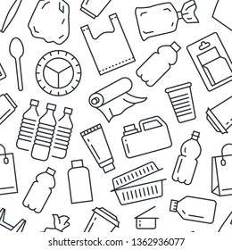 Stop using plastic seamless pattern with flat line icons. Polyethylene pollution awareness vector illustration for poster background. Thin signs of plastics waste, bag, package, canister, bottle.