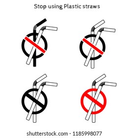 Stop using Plastic straws icon, Stop plastic pollution on sea, the refusal of disposable plastic drinking straws, vector illustration.