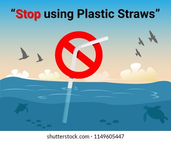 Stop using Plastic straws, Stop plastic pollution on sea, the refusal of disposable plastic drinking straws, vector illustration.