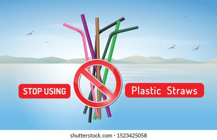 Stop using Plastic straws, Stop plastic pollution on sea, the refusal of disposable plastic drinking straws, vector illustration. 