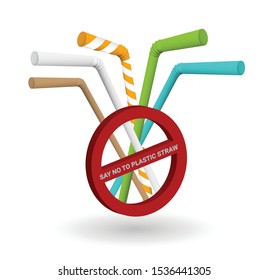 Stop using Plastic straws, Stop plastic pollution-Reduce, the refusal of disposable plastic drinking straws, vector illustration. 