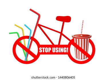 Stop using! Stop The pollution. Illustration of the prohibition of the use of disposable plastic. The bike can't move because of the plastic.