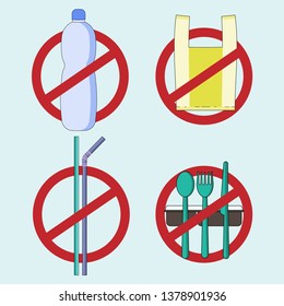 Stop Using Single-use Plastic Concept. Refuse And Reduce Plastic Waste Metaphor. No Symbols Of Disposable Plastic Product. Vector Illustration Outline Flat Design Style.  