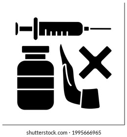 Stop vaccination glyph icon. Ban on using vaccines to fight against covid19. No vaccinations concept. Filled flat sign. Isolated silhouette vector illustration