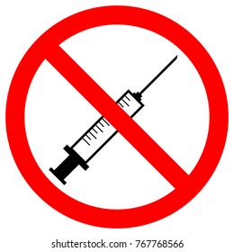 STOP VACCINATION sign. Medical syringe icon in red circle. Vector.