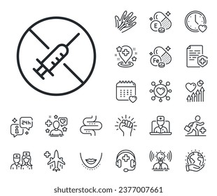 Stop Vaccination sign. Online doctor, patient and medicine outline icons. No vaccine line icon. Syringe jab symbol. No vaccine line sign. Veins, nerves and cosmetic procedure icon. Intestine. Vector