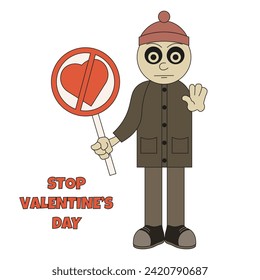 Stop Valentine's Day concept. Antivalentine day. Weird person with ban sing in the hand isolated white background. Vector illustration for web and social media poster. EPS 10 Editable stroke