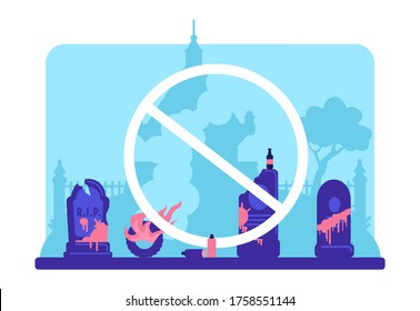 Detener el vandalismo de la ilustración vectorial de color plano. Lápidas dañadas en el cementerio y símbolo de prohibición. Paisaje de caricaturas en el jardín de tumbas 2D con cementerio ardiente y árboles en el fondo