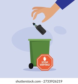 Stop Vaping and Smoking Cessation Concept with E-Cigarette Thrown in Trash 2d flat vector illustration