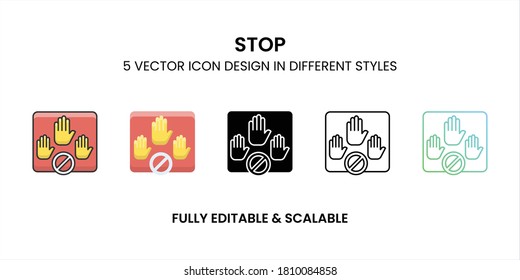 Stop vector icon in colored outline, flat, glyph, line and gradient