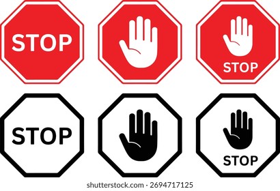 Icono del Vector de la parada aislado en el fondo blanco — símbolo rojo de la advertencia del octágono para el control de tráfico, la alerta de la seguridad, y la ilustración de la señal de tráfico